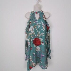 Umgee Dress Size S Green Floral Cold Shoulder Halter Keyhole‎ Ruffle Boho Tunic